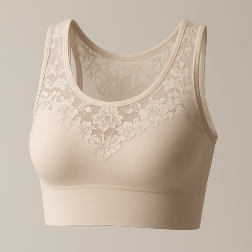 “Elegant women’s sports bra blending performance fabric with transparent lace details. Sculpting fit, floral lace overlay on neckline and straps, soft beige and white tones, premium seamless design, photographed in studio lighting, minimalist background.”