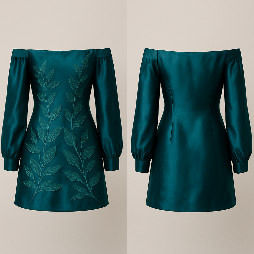 Silk mini dress with corset off shoulder deep teal color, with beautiful leaf details, try without corset, long sleeves, and leafs should be embroidered
Silk mini dress with corset off shoulder deep teal color, with beautiful leaf details, try without corset, long sleeves, and leafs should be embroidered , silk style, show front and back