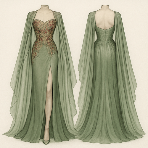 A luxurious sage green evening gown featuring a fitted corset bodice adorned with intricate floral embroidery in deep rose and gold tones. The design includes a dramatic floor-length cape made of sheer chiffon that flows elegantly from the shoulders. The front slit adds a touch of allure, while the structured silhouette enhances the feminine curves. Perfect for formal events, red carpet occasions, or elegant soirées, this gown embodies timeless sophistication and grace.
