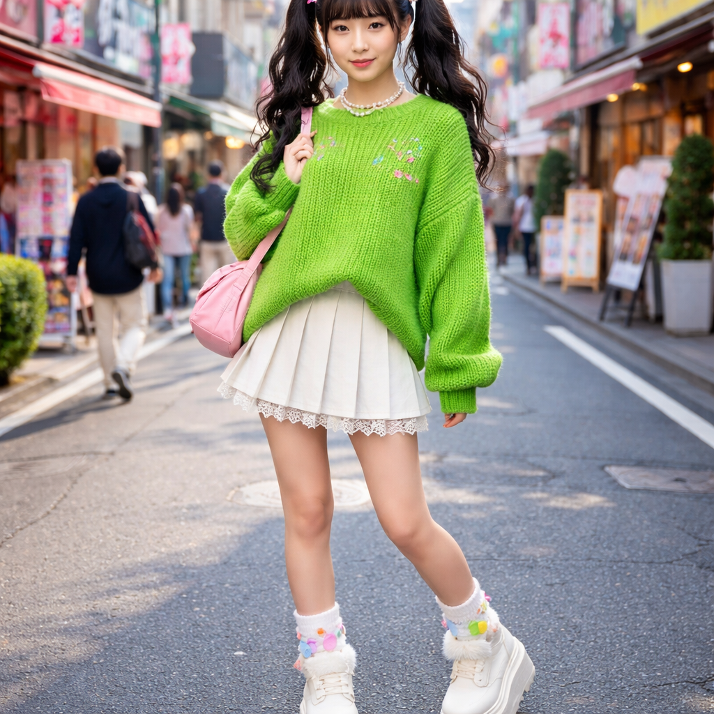 cute chunky oversized bright green sweater
Japanese Street fashion design: Chunky oversized bright green knit sweater, boxy fit, with subtle embroidery, paired with a pleated mini-skirt and platform shoes, embodying Harajuku's playful layering and bold silhouettes.