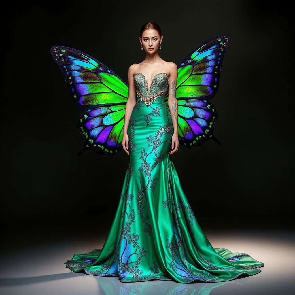 I want it to be inspired by the toxic butterfly’s patterns and colors
Design a show-stopping evening gown that embodies the enchanting allure of toxic butterflies. Imagine a floor-length silk creation adorned with iridescent patterns in vibrant hues of emerald green, electric blue, and deep violet. Add luxurious, shimmering embellishments that capture light, while a dramatic train flows elegantly behind, exuding pure glamour and sophistication.