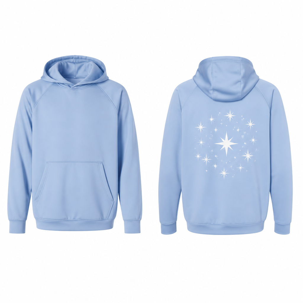Make me a white evening star print that would look good on the back of a light blue hooded polyester sweatshirt and would be no more than 18” by 18”
photorealistic fashion design, Make me a white evening star print that would look good on the back of a light blue hooded polyester sweatshirt and would be no more than 18” by 18” , athleisure style, just the design no text, show front and back