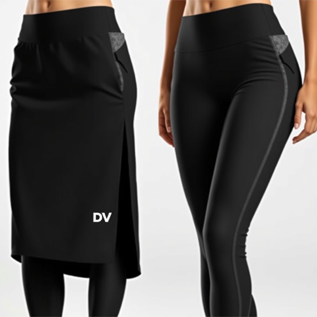 Women midi skirts with leggings under with “DV” embroidered on pocket. black and grey
Design a sporty women's collection featuring stylish midi skirts, crafted from breathable athletic fabric, paired with sleek, fitted leggings underneath. Opt for a monochromatic palette of black and grey, with the “DV” logo boldly embroidered on the side pocket. Incorporate dynamic, moisture-wicking technology for both comfort and movement. Perfect for the active woman!