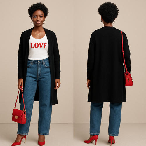 Black woman 
Short curls 
Gold jewelry
 Wife beater with Love on it 
Big jeans but fitted 
Long cardigan 
Red heels red purse 


