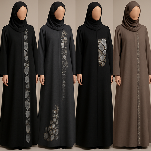 Create a modest two piece abaya that's the first of its kind, featuring a unique stone design that exudes a classy and sophisticated vibe. I'd like four designs, each showcasing different styles and fabrics.Incorporate high-end, unique chic stone designs to make them truly special. And add little cute touch of sophisticated stone designs.