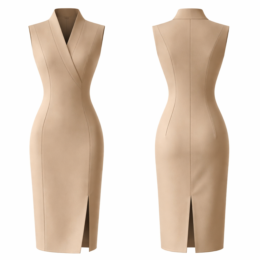 Business dress that has a Japanese influence . I would like the French style small tie waist. With the top v neck vest like dress with Japanese collar. Extenuate the two vertical seems. No belt. In beige
Business dress that has a Japanese influence . I would like the French style small tie waist. With the top v neck vest like dress with Japanese collar. Extenuate the two vertical seems. No belt. In beige, business style, show front and back