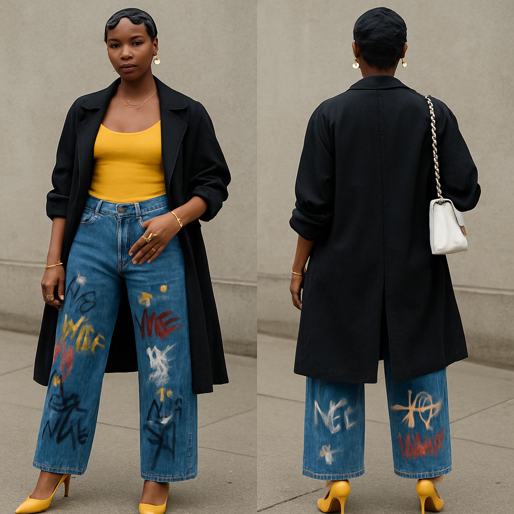 Black woman
Finger waves
Yellow spaghetti strap shirt
Black trench coat sleeves rolled up
Big jeans with graffiti
White purse with gold chain
Yellow heels
White earrings
Gold bracelet and rings
Gold necklace
Black woman
Finger waves
Yellow spaghetti strap shirt
Black trench coat sleeves rolled up
Big jeans with graffiti
White purse with gold chain
Yellow heels
White earrings
Gold bracelet and rings
Gold necklace
, streetwear style, show front and back