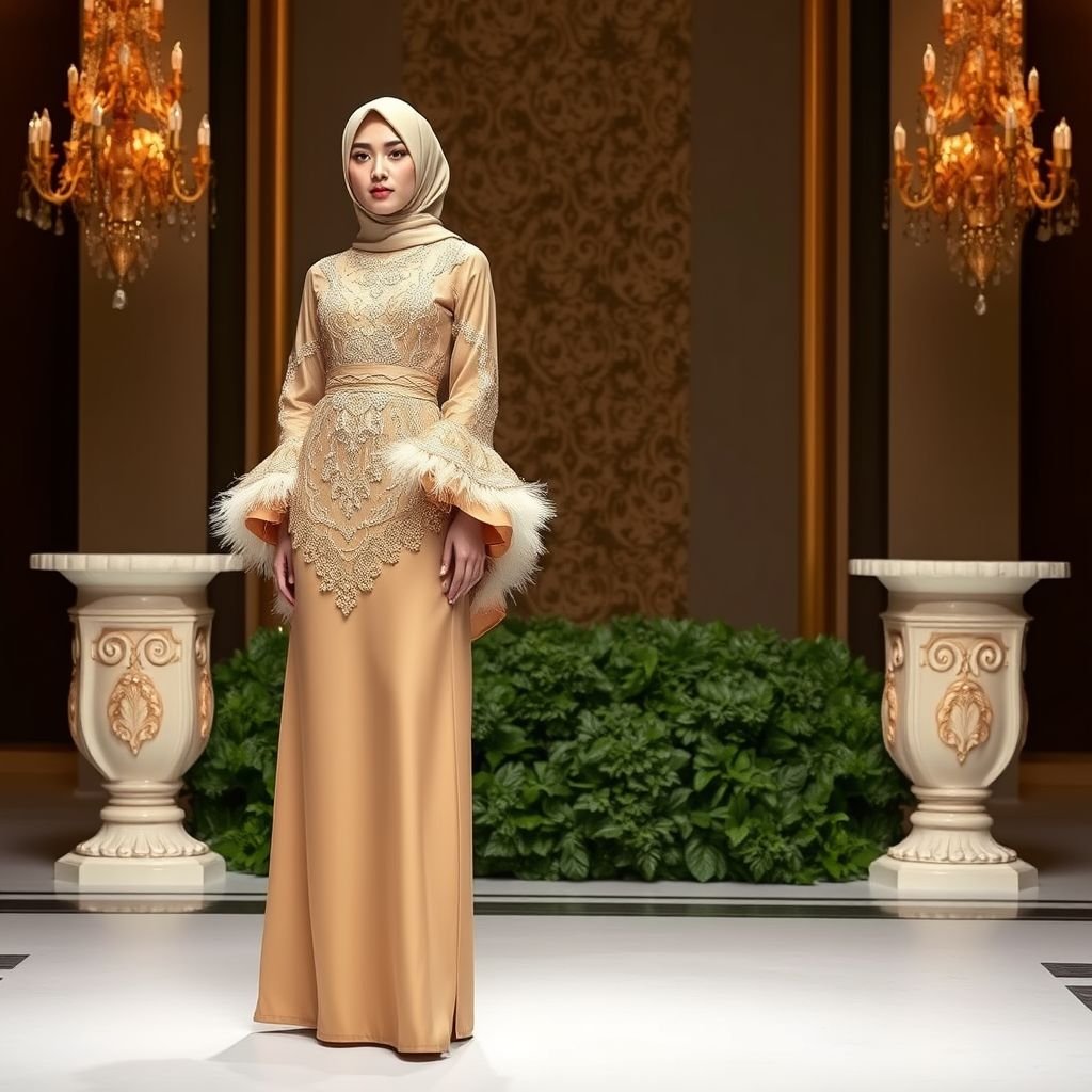 A 2 piece which is a full length straight skirt (plain) and free knee length bubu kaftan blouse (patterned) which will be a little pencil at the bottom with rope inside for fitting. Sleeve edge with feathers while the front of the bubu kaftan is with a lace trimmings to full length for Muslim hijabi suitable for Eid
Design a glamorous two-piece ensemble ideal for Eid, featuring a full-length, sleek, plain straight skirt that exudes elegance. The knee-length bubu kaftan blouse showcases opulent patterns, slightly tailored at the bottom for a sophisticated fit. Feathered sleeve edges and intricate lace trimmings elevate the look to stunning heights, perfect for a luxurious celebration.