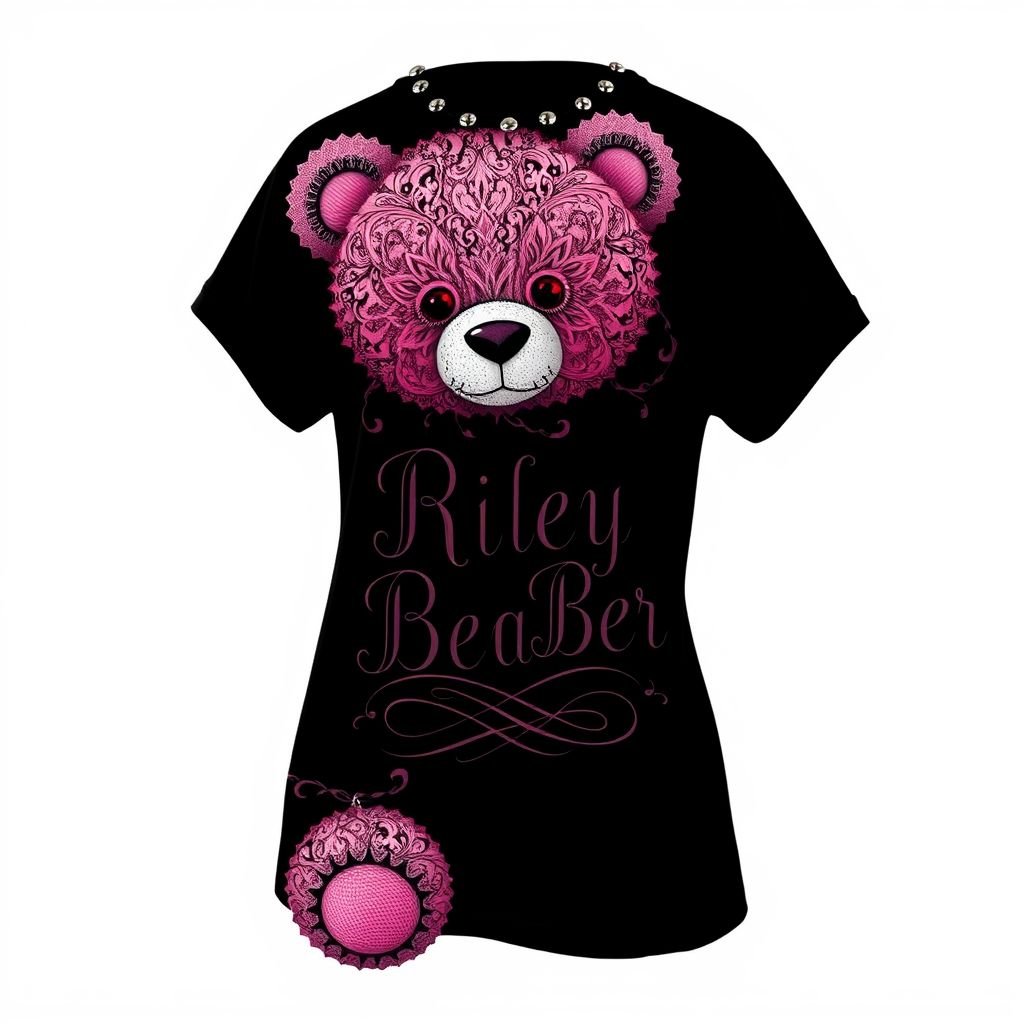 A black t shirt with a big pink teddy bear on the front with Riley Bear written across it
Design a gothic-inspired black oversized t-shirt adorned with a large, intricately detailed pink teddy bear, complete with lace-like textures and dark, ethereal embellishments. Incorporate “Riley Bear” in dramatic, Victorian-style script, entwined with thorny vines. Accentuate with delicate, silver studs along the neckline, blending whimsical innocence with dark elegance.