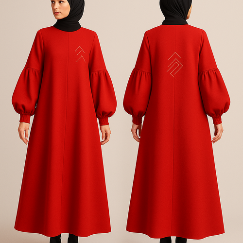 modern, A-line abaya in a bold color. Features statement sleeves and minimalist, geometric embroidery. Stylish, modest, and perfect for everyday wear. And that is not out there yet. Making the designs high end that will stand out for my clothing brand “The Modest Fleur
