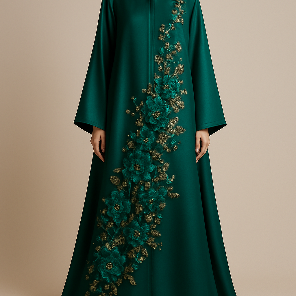 Create me an abaya based on these descriptions.             The Emerald Garden Abaya
Tone: Rich Emerald Green
Design:
Couture floral appliqués in emerald and gold, softly arranged diagonally from waist to hem.
Embellishment:
Hand-set gold crystals and glass beads woven within the flowers.
Vibe:
Regal, graceful, soft shine.

Create me an abaya based on these descriptions.             The Emerald Garden Abaya
Tone: Rich Emerald Green
Design:
Couture floral appliqués in emerald and gold, softly arranged diagonally from waist to hem.
Embellishment:
Hand-set gold crystals and glass beads woven within the flowers.
Vibe:
Regal, graceful, soft shine.