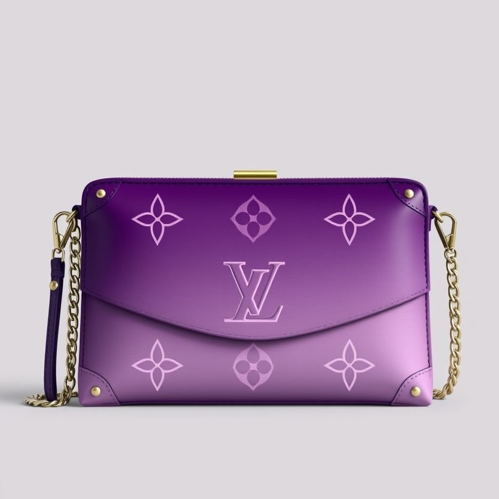 Design a large Louis Vuitton-inspired clutch featuring a vibrant, gradient ombre effect that transitions from deep purple to soft lilac. The bag is adorned with intricate, hand-stitched Louis Vuitton motifs and metal edging details. Complete it with a detachable chain strap for versatile wear, combining elegance with a bold statement style.
Design a timelessly elegant Louis Vuitton-inspired clutch, featuring a stunning gradient ombre effect that gracefully transitions from regal deep purple to delicate soft lilac. Adorned with exquisite, hand-stitched classic motifs and sophisticated metal edging, this accessory elevates any outfit. A detachable chain strap adds versatility, merging classic luxury with modern boldness.