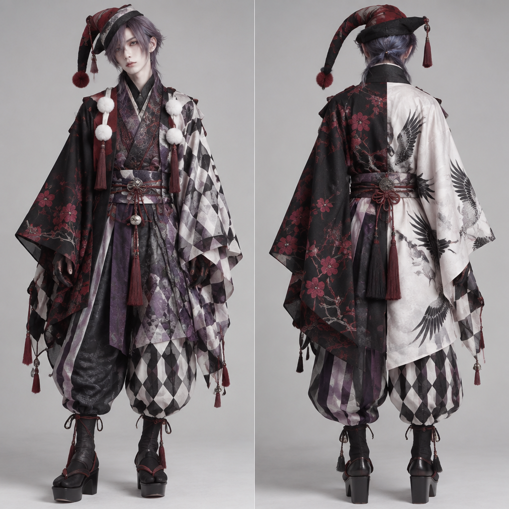 和とピエロの衣装を組み合わせた服を作りたい。形は天狗の衣装が元になってて、柄やカラーリングはピエロの衣装みたいに左右で違う感じにしたい。髪色が紫っぽいグレーなので、それに合わせた色がいい。どこかに甲州印伝の桜模様(黒地に赤い桜)を入れて欲しい。帽子は天狗の頭襟にピエロ帽の要素を入れて欲しい。. Japan fashion aesthetics. Present it as professional fashion catalogue photography: the garment is the subject, shown full-length with editorial styling, neutral posing and tasteful, non-suggestive framing.
photorealistic fashion design, 和とピエロの衣装を組み合わせた服を作りたい。形は天狗の衣装が元になってて、柄やカラーリングはピエロの衣装みたいに左右で違う感じにしたい。髪色が紫っぽいグレーなので、それに合わせた色がいい。どこかに甲州印伝の桜模様(黒地に赤い桜)を入れて欲しい。帽子は天狗の頭襟にピエロ帽の要素を入れて欲しい。. Japan fashion aesthetics. Present it as professional fashion catalogue photography: the garment is the subject, shown full-length with editorial styling, neutral posing and tasteful, non-suggestive framing., just the design no text, show front and back
