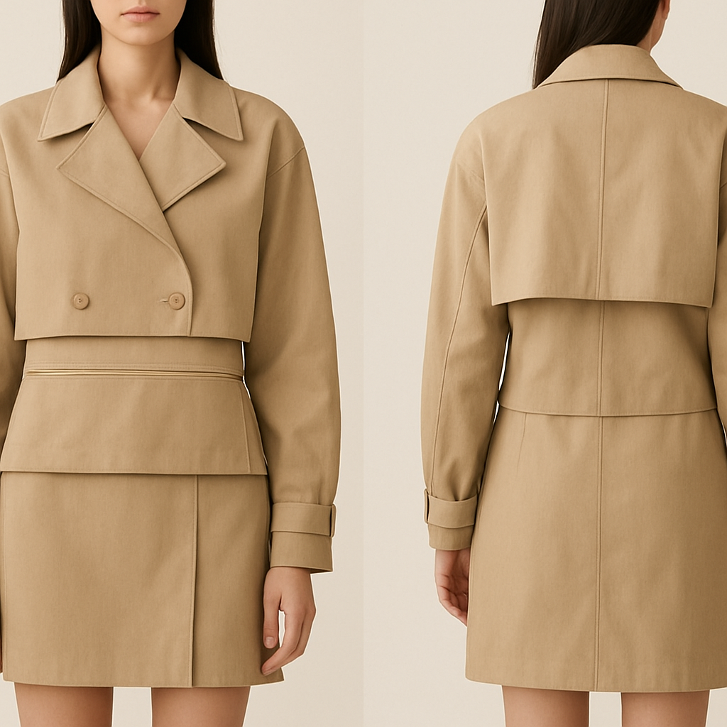 Let’s create a convertible trench coat for a woman in a sand/ khaki color. Should have a large zipper at the waist to create a crop or a traditional long version. Please make the proportion a little more boxy and contemporary details.make the waist a little more boxy, and add a lip to cover the zipper at waist so it’s not exposed.
Let’s create a convertible trench coat for a woman in a sand/ khaki color. Should have a large zipper at the waist to create a crop or a traditional long version. Please make the proportion a little more boxy and contemporary details.make the waist a little more boxy, and add a lip to cover the zipper at waist so it’s not exposed. , show front and back