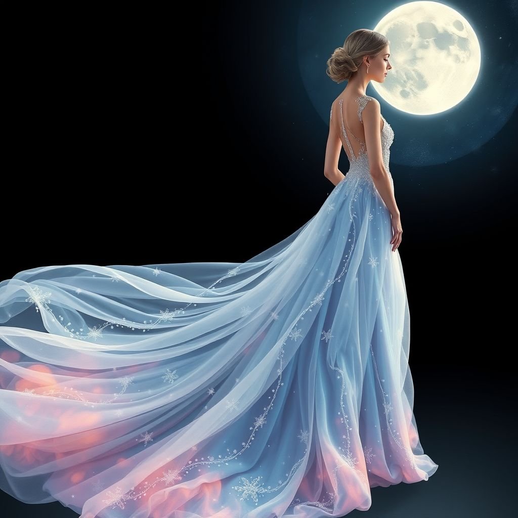 Qamar that’s not that heavy but beautiful made from with unique drawing
Design a lightweight, ethereal Qamar gown that features intricate, hand-painted celestial motifs. The flowing silhouette, adorned with delicate beadwork, captures the shimmer of moonlight. Layers of sheer, iridescent fabric create a dreamlike effect, while soft pastels blend harmoniously. Perfect for a whimsical evening event, this dress celebrates the beauty of the night sky.