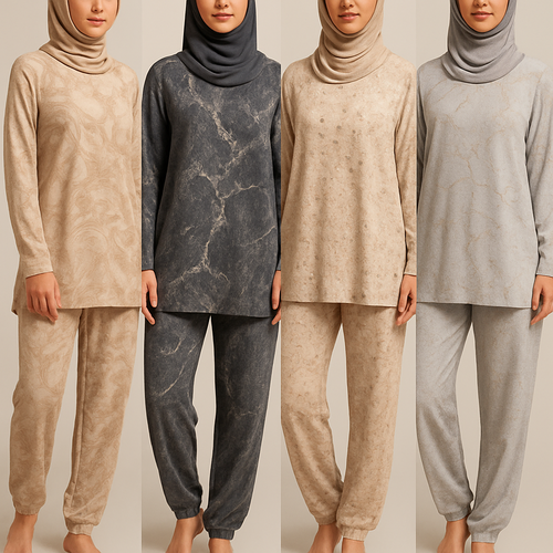 Create a modest lounge wear, first of its kind, featuring a unique stone design that exudes a classy and sophisticated vibe. I'd like four designs, each showcasing different styles and fabrics. Incorporate high-end, unique chic stone designs to make them truly special. Add little sophisticated stone designs. Make it irresistible for customers 