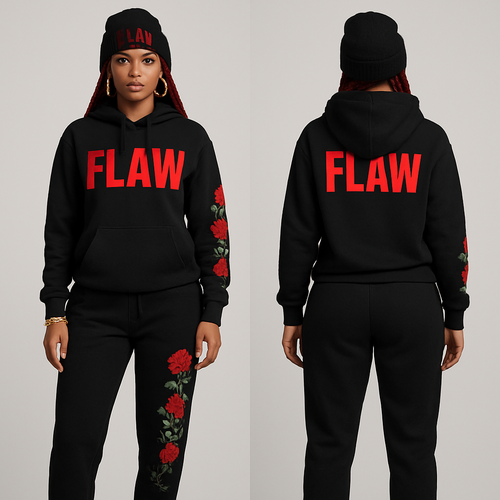 Black jogging suit hoodie with bold words Flaw in abbreviation on it in red braids gold hoop earrings and gold bracelet flowers one sleeve and pants Black cross body purse and black nike shoes a black beanie saying Flaw in red