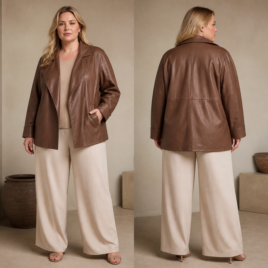 A Female Jacket design, made of Leather, with a soft, cosy hand, with a Relaxed silhouette, in an Earth Tones color palette, suitable for Fall, suited to a Tropical climate, shown on a model with fair skin and a plus-size figure. IQ fashion aesthetics. Current season is Autumn in IQ. Present it as professional fashion catalogue photography: the garment is the subject, shown full-length with editorial styling, neutral posing and tasteful, non-suggestive framing.
photorealistic fashion design, A Female Jacket design, made of Leather, with a soft, cosy hand, with a Relaxed silhouette, in an Earth Tones color palette, suitable for Fall, suited to a Tropical climate, shown on a model with fair skin and a plus-size figure. IQ fashion aesthetics. Current season is Autumn in IQ. Present it as professional fashion catalogue photography: the garment is the subject, shown full-length with editorial styling, neutral posing and tasteful, non-suggestive framing., just the design no text, show front and back