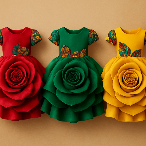 Children’s dresses that look like rose with colors like red, green, yellow with Ankara patches on it that looks fabulous, unique, and beautiful,