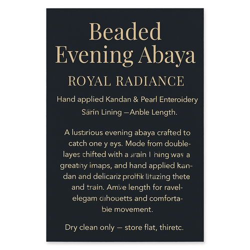 Direct answer: Here’s the English version of the display text, the detailed product-card copy, printing specs, and photo instructions for a full-length (to the ankle) shot on a wooden mannequin.

Display text — short (for the front plaque)
- Title: Beaded Evening Abaya — Royal Radiance
- Subtitle (optional): Hand-applied Kundan & Pearl Embroidery · Satin Lining · Ankle Length

Display text — detailed (10×15 cm product card)
- A luxurious evening abaya crafted to catch every eye. Made from double-layer chiffon with a satin lining for graceful drape, and hand-applied Kundan and delicate pearls tracing the bodice and train. Ankle-length for an elegant silhouette and comfortable movement. Dry clean only — store flat in a breathable fabric cover to preserve the embellishments.

Printing & design specs
- Suggested sizes: 10×15 cm or 12×18 cm (vertical).  
- Title font: elegant serif (e.g., Playfair Display, Didot) 24–30 pt.  
- Body font: clean sans-serif (e.g., Lato, Noto Sans) 11–14 pt.  
- Color: light gold or ivory text on navy or deep charcoal background.  
- Material: matte black acrylic with gold engraving/foil, or brushed brass plate for premium feel.

Photography instructions — full-length to ankle (for catalog/site)
- Framing & composition: vertical (portrait) crop from head to ankle, leave ~5–10% head margin and ~5–10% bottom margin to show the train. Center the mannequin with slight room on one side to suggest movement.  
- Mannequin & set: polished dark-wood wooden mannequin with slightly relaxed arms to display sleeve shape; simple metal base (copper/soft gold finish). Background: solid dark navy or warm ivory depending on contrast needed.  
- Lighting: soft key light at 30–45° + subtle fill light opposite; weak backlight to separate the mannequin from the background and highlight beadwork; use a diffuser to avoid hot spots on embellishments.  
- Lens & camera settings: 50–85 mm equivalent, aperture f/4–f/5.6 for sufficient sharpness and slight background separation; low ISO (100–400); shoot RAW for detail retention; white balance 3200–4000K adjusted to scene.  
- Extra shots to capture: close-up macro of Kundan/pearl embroidery (85–100mm or macro lens), and a rear view showing finishing and hem.  
- On-image text: place the short title on a small translucent strip at the bottom so it doesn’t cover embellishment.

Would you like me to prepare a ready-to-print PNG/PDF of the card (10×15 cm) using this text and colors? If yes, tell me which size and background color you prefer.  