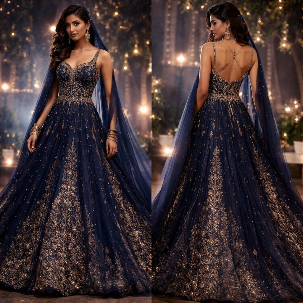 A dreamy nighttime couture gown inspired by Desi tradition, blending South Asian elegance with modern evening wear. The dress is a floor-length silhouette with delicate thin straps, giving it a soft, feminine look while still feeling formal and regal.
The bodice is fitted like a traditional choli, made from deep midnight-blue silk velvet with intricate gold zardozi embroidery inspired by Mughal floral patterns. Tiny mirror work and crystal accents catch the light like stars in the night. The neckline is slightly sweetheart shaped, creating a graceful, romantic feel.
The skirt flows into a light, layered lehenga-inspired structure, made from sheer navy chiffon and organza, allowing it to move beautifully when walking. Subtle gold thread vines and paisley embroidery trail down from the waist to the hem, blending traditional Indian motifs with couture evening fashion.
At the waist, a thin embroidered kamarband-inspired belt adds structure and highlights the silhouette. The back features delicate crisscross straps with tiny pearl drops, adding a modern touch.
To finish the look, the gown could be styled with:
• gold jhumka earrings
• stacked bangles
• a soft chiffon dupatta draped like a shawl for elegance
A dreamy nighttime couture gown inspired by Desi tradition, blending South Asian elegance with modern evening wear. The dress is a floor-length silhouette with delicate thin straps, giving it a soft, feminine look while still feeling formal and regal.
The bodice is fitted like a traditional choli, made from deep midnight-blue silk velvet with intricate gold zardozi embroidery inspired by Mughal floral patterns. Tiny mirror work and crystal accents catch the light like stars in the night. The neckline is slightly sweetheart shaped, creating a graceful, romantic feel.
The skirt flows into a light, layered lehenga-inspired structure, made from sheer navy chiffon and organza, allowing it to move beautifully when walking. Subtle gold thread vines and paisley embroidery trail down from the waist to the hem, blending traditional Indian motifs with couture evening fashion.
At the waist, a thin embroidered kamarband-inspired belt adds structure and highlights the silhouette. The back features delicate crisscross straps with tiny pearl drops, adding a modern touch.
To finish the look, the gown could be styled with:
• gold jhumka earrings
• stacked bangles
• a soft chiffon dupatta draped like a shawl for elegance, formal style, show front and back