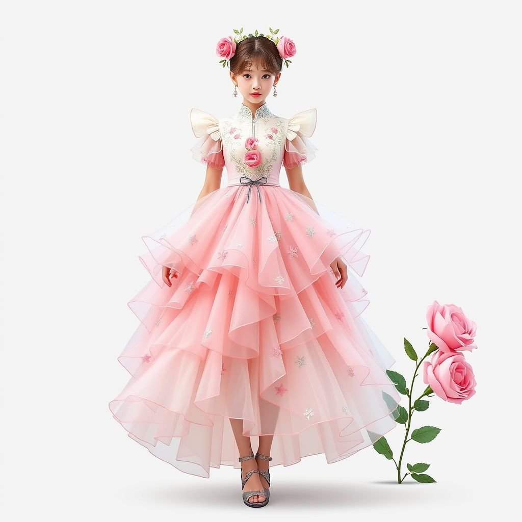 Alice from Alice in Wonderland as a talking rose
Design a whimsical ensemble inspired by Alice in Wonderland, merging Korean fashion aesthetics. Imagine Alice transformed into a talking rose, adorned in a flowing pastel hanbok with floral patterns. Layered with sheer organza petals, the dress features delicate embroidery and dainty accessories, embodying both elegance and playful fantasy in a modern streetwear twist.