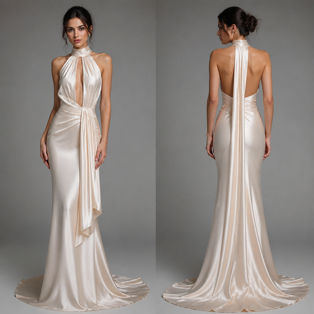 Elegant silk gown
photorealistic fashion design, Elegant silk gown, scene style, just the design no text, show front and back