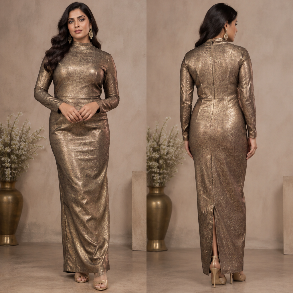 A Female Dress design, made of Silk, with a rich, textured surface, with a Bodycon silhouette, with modest, full coverage: longer hemlines, higher necklines and covered shoulders, in a Metallic color palette, for Party, suitable for Fall, suited to a Tropical climate, in Casual style, shown on a model with medium skin tone and a curvy figure. India fashion aesthetics. Present it as professional fashion catalogue photography: the garment is the subject, shown full-length with editorial styling, neutral posing and tasteful, non-suggestive framing.
photorealistic fashion design, A Female Dress design, made of Silk, with a rich, textured surface, with a Bodycon silhouette, with modest, full coverage: longer hemlines, higher necklines and covered shoulders, in a Metallic color palette, for Party, suitable for Fall, suited to a Tropical climate, in Casual style, shown on a model with medium skin tone and a curvy figure. India fashion aesthetics. Present it as professional fashion catalogue photography: the garment is the subject, shown full-length with editorial styling, neutral posing and tasteful, non-suggestive framing., casual style, just the design no text, show front and back