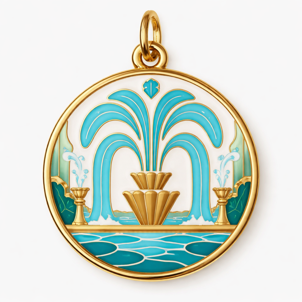 Make an enamel charm for a bracelet. It needs to be inspired by Kansas City being the city of fountains. No words. Keep it super simple. Let’s have it be geometric and modern with just water
Make an enamel charm for a bracelet. It needs to be inspired by Kansas City being the city of fountains. No words. Keep it super simple. Let’s have it be geometric and modern with just water , classic style