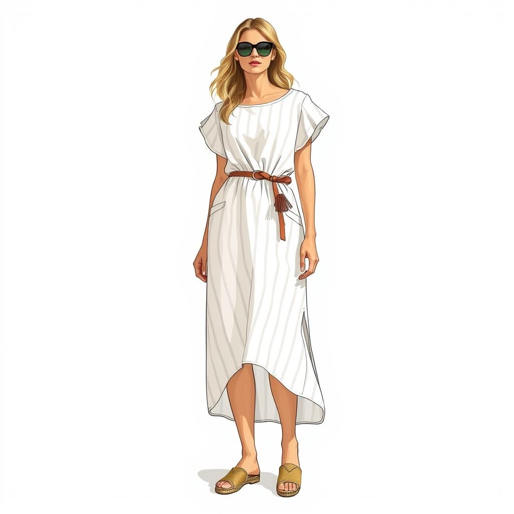 Summer t shirt dress simple for resort wear
Design a chic, Parisian-inspired summer T-shirt dress, featuring a relaxed silhouette and elegant drop waist. Use lightweight linen in a soft pastel hue, with subtle stripes. Enhance it with a classic bateau neckline and delicate ruffle sleeves. Accentuate with a woven belt and stylish espadrilles for effortless resort wear sophistication.