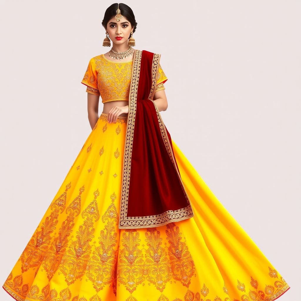North Indian style with yellow colour
Design a vibrant North Indian ensemble featuring a flowing yellow lehenga adorned with intricate gold embroidery. The blouse boasts delicate cape sleeves, while a contrasting deep maroon dupatta drapes gracefully over one shoulder. Accessories include ornate jhumka earrings and a statement maang tikka, reflecting the rich cultural heritage and festive elegance.