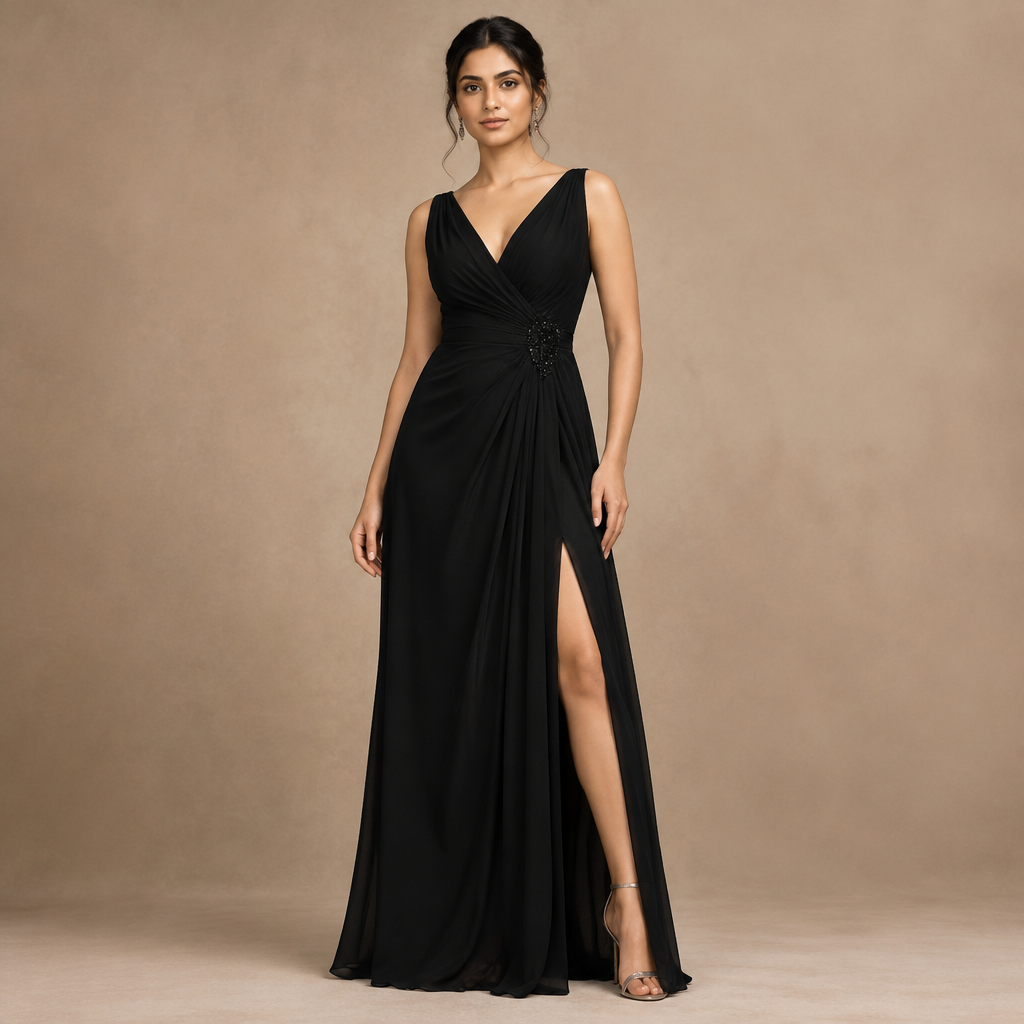 A Female fashion design. a model is wearing a front v neck design long gown, side long slit and sleeveless black colour long gown. India fashion aesthetics. Present it as professional fashion catalogue photography: the garment is the subject, shown full-length with editorial styling, neutral posing and tasteful, non-suggestive framing.
photorealistic fashion design, A Female fashion design. a model is wearing a front v neck design long gown, side long slit and sleeveless black colour long gown. India fashion aesthetics. Present it as professional fashion catalogue photography: the garment is the subject, shown full-length with editorial styling, neutral posing and tasteful, non-suggestive framing., just the design no text