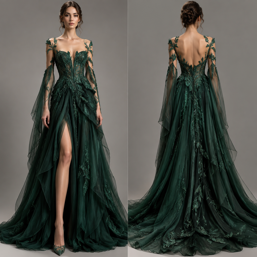 I want the dress to be dark green
photorealistic fashion design, I want the dress to be dark green , haute_couture style, just the design no text, show front and back