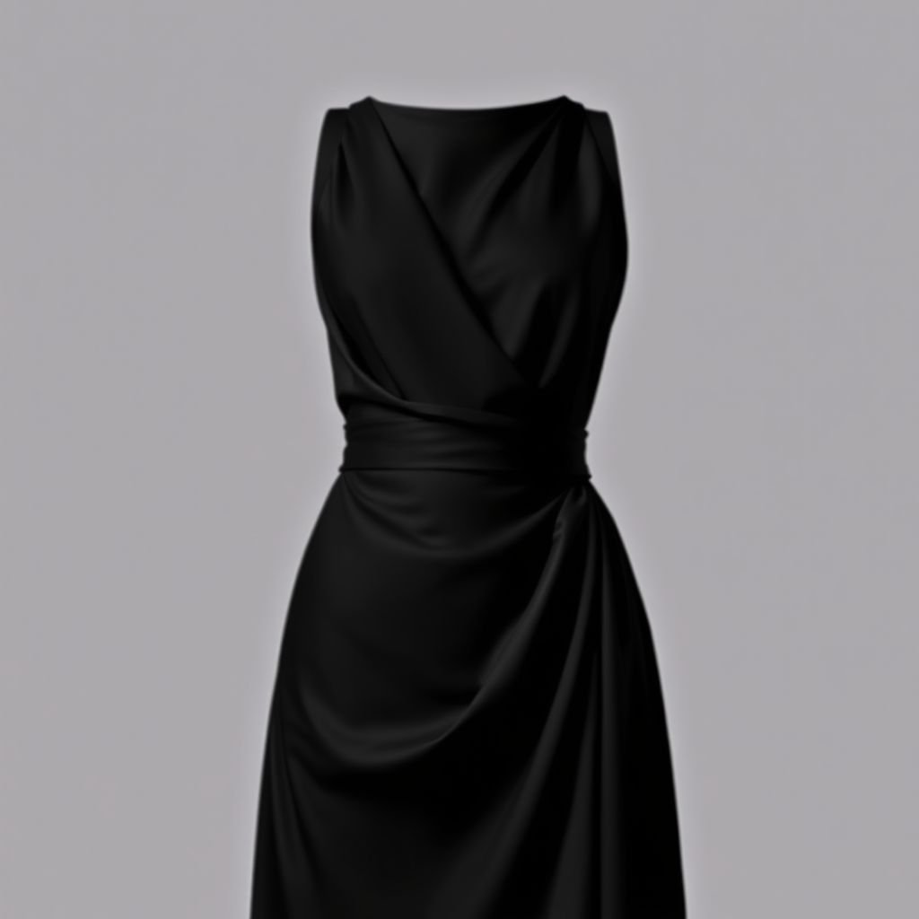 The dress is black, form-fitting, and 110 cm long. It hugs the body, accentuating the waist and curves. The dress features draping in the front, creating a gathered fabric effect from bottom to top. The bust is emphasized with a push-up effect, adding volume. The high neckline gives it an elegant and stylish look, while the sleeveless design resembles a tank top. The dress’s structure maximizes the silhouette, creating an hourglass shape.
Envision an elegant black dress, 110 cm long, exquisitely form-fitting and tailored to accentuate the waist and curves. The cascading drapes enhance sophistication, flowing gracefully from the hem to a high neckline. A chic sleeveless tank silhouette meets a subtle push-up effect, embodying timeless elegance while ensuring a stunning hourglass profile.