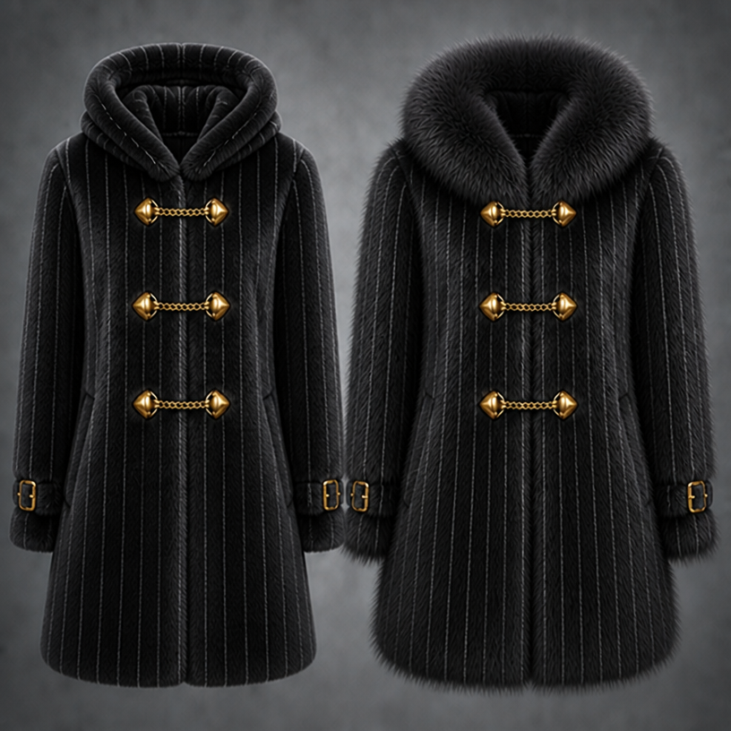 Want the same two coats in fox fur and mink and in the color black and white pinstripe
edit the attached fashion design with these instructions: Want the same two coats in fox fur and mink and in the color black and white pinstripe. keep it photorealistic, just the design no text
