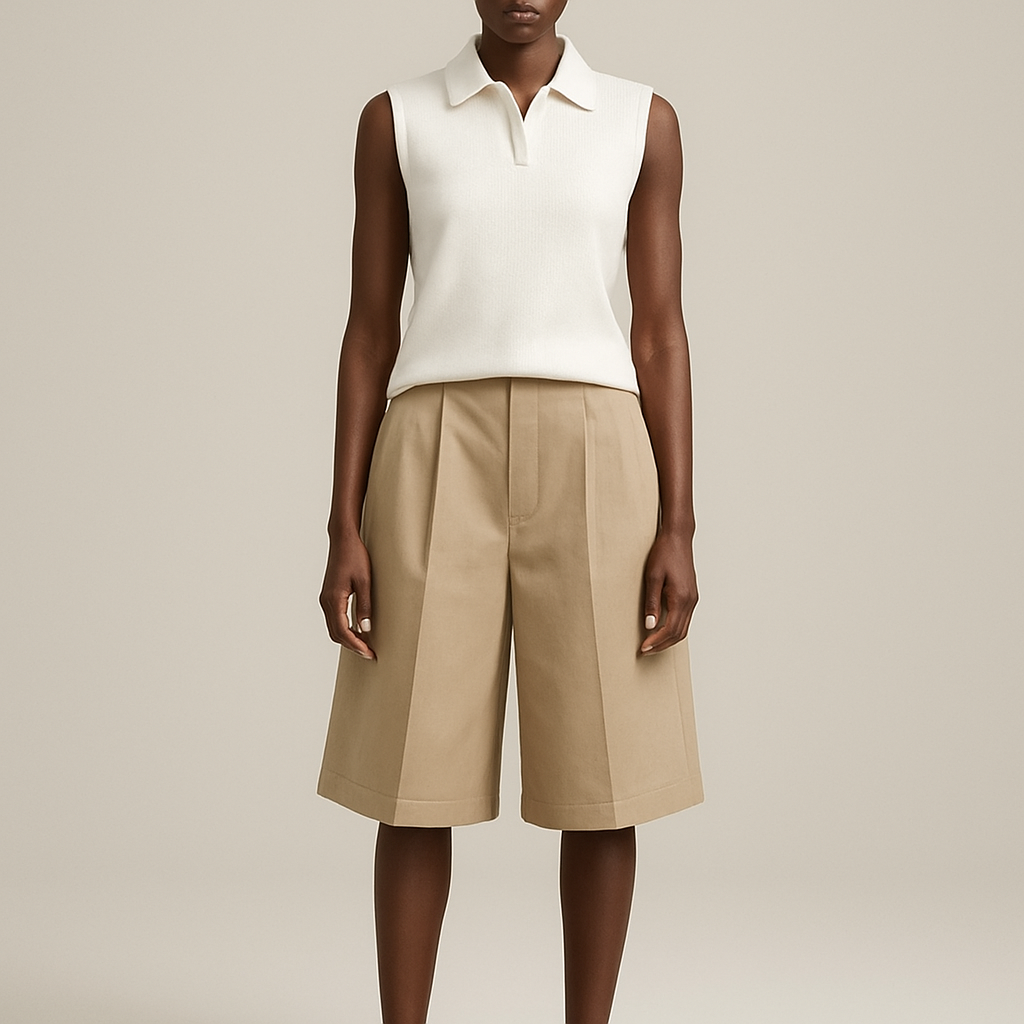 Muscle shirt with a collar and oversized below knee shorts , show head to toe on black woman
Muscle shirt with a collar and oversized below knee shorts , show head to toe on black woman