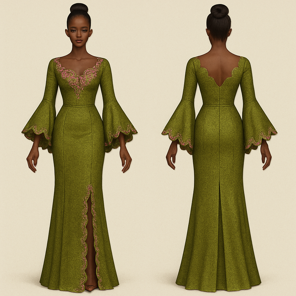 “A straight corset long gown with a scalloped neckline and long flared sleeves featuring pointed (or scalloped) edges.”
On the body create a 3D design using asooke of a lighter shade of olive green and
Pink along side with beadings,the main dress is olive green asooke and the neckline is queen Annie,the back neckline is scalloped v neck and the slit is also scalloped
“A straight corset long gown with a scalloped neckline and long flared sleeves featuring pointed (or scalloped) edges.”
On the body create a 3D design using asooke of a lighter shade of olive green and
Pink along side with beadings,the main dress is olive green asooke and the neckline is queen Annie,the back neckline is scalloped v neck and the slit is also scalloped , traditional style, show front and back