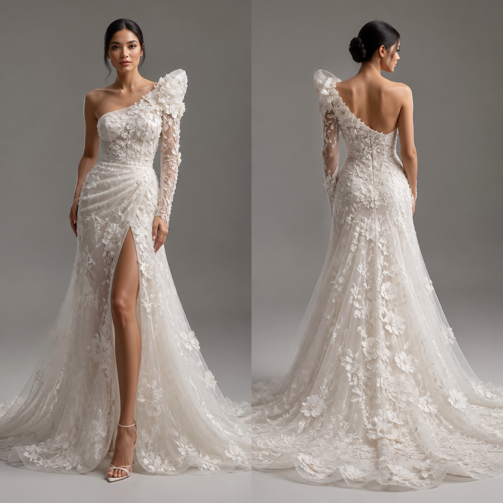 Beautiful Wedding dress in floral design with asymmetrical shoulder design in white with a touch of a Filipino culture
photorealistic fashion design, Beautiful Wedding dress in floral design with asymmetrical shoulder design in white with a touch of a Filipino culture, just the design no text, show front and back