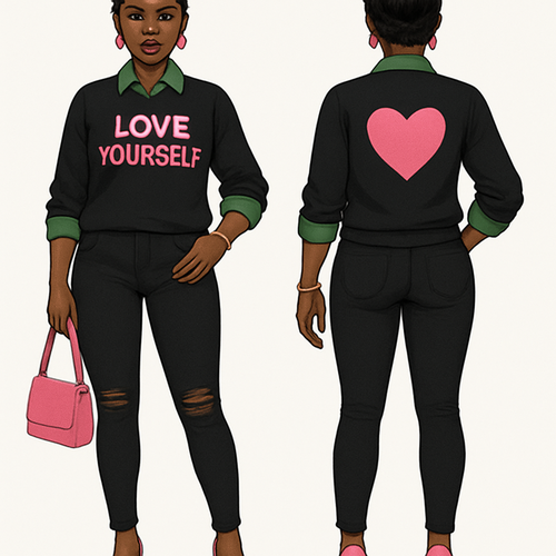 Black woman
Finger waves 

Green collared shirt black sweater shirt
Love yourself in pink on shirt 
On the back a heart 
sleeves rolled up
pink heels 
Pink pursue 
Pink earrings 
Gold bracelet and gold rings 
Tight black pants with rips
