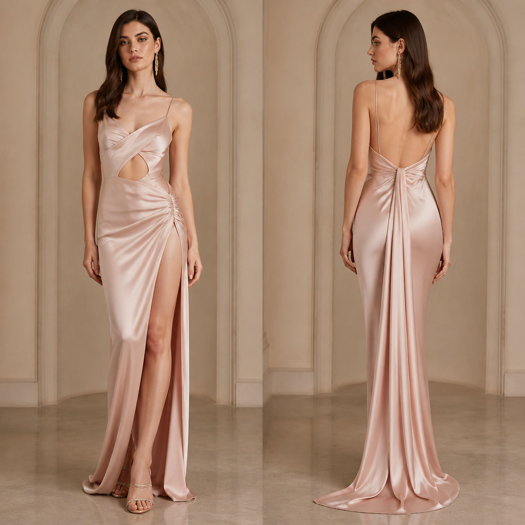 A Female Dress design, made of Satin, with a sleek, smooth finish, with a Fitted silhouette, with a minimal-coverage cut, in a Pastels color palette, for Party, suitable for Fall, suited to a Temperate climate, in Elegant style, shown on a model with fair skin and a slim figure. Algeria fashion aesthetics. Present it as professional fashion catalogue photography: the garment is the subject, shown full-length with editorial styling, neutral posing and tasteful, non-suggestive framing.
photorealistic fashion design, A Female Dress design, made of Satin, with a sleek, smooth finish, with a Fitted silhouette, with a minimal-coverage cut, in a Pastels color palette, for Party, suitable for Fall, suited to a Temperate climate, in Elegant style, shown on a model with fair skin and a slim figure. Algeria fashion aesthetics. Present it as professional fashion catalogue photography: the garment is the subject, shown full-length with editorial styling, neutral posing and tasteful, non-suggestive framing., elegant style, just the design no text, show front and back