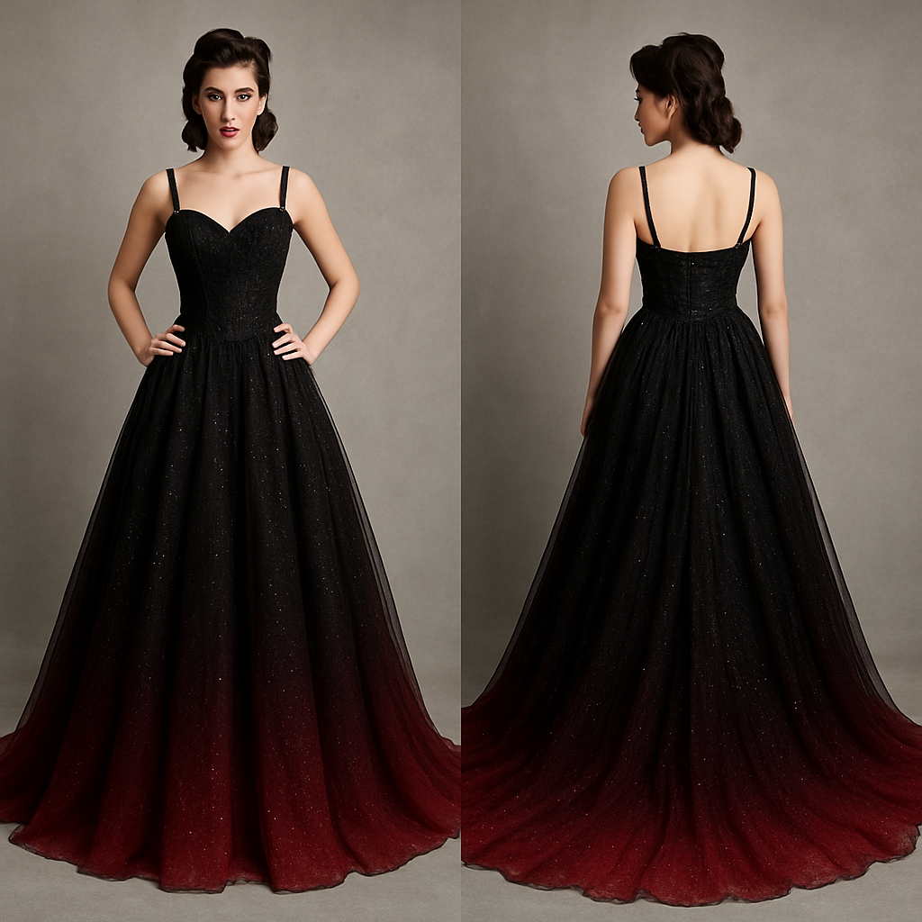 Black glittery wedding dress with long train. Made from chiffon, with corset top and back, with bottom fading into red.
Black glittery wedding dress with long train. Made from chiffon, with corset top and back, with bottom fading into red., rockabilly style, show front and back