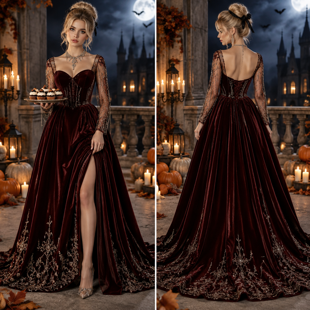 A Female fashion design, shown on a model with fair skin and a petite figure. На изображении представлена красивая девушка с длинными светлыми волосами, собранными в объемную прическу. На ней элегантное бордовое бархатное платье с глубоким вырезом и прозрачным рукавом, украшенным сияющей вышивкой. В руках она держит тарелку с небольшими кексами.
Обстановка вокруг напоминает уютный осенний праздник, возможно, Хэллоуин: на фоне и вокруг нее расставлены тыквы разных размеров, мерцают свечи в подсвечниках, а атмосфера наполнена теплым приглушенным светом.
На фотографии изображена элегантная молодая женщина со светлыми волосами, собранными в сложную высокую прическу с черными лентами-бантиками. Ее образ дополняют длинные сияющие серьги и роскошное колье.
Она одета в пышное вечернее платье в готическом стиле, выполненное в черно-белой гамме. Корсет платья украшен блестящими стразами и кристаллами, а объемная многослойная юбка декорирована крупными белыми и черными текстильными розами и драпировкой.
Действие происходит на фоне просторной террасы старинного здания или замка с балюстрадой. На полу и вокруг террасы разложены тыквы, а в небе виднеются силуэты летящих летучих мышей, что создает атмосферу осеннего или хэллоуинского праздника.
На изображении представлена эффектная фотография, стилизованная под древнеегипетскую тематику.
* Главная героиня: Женщина с длинными светлыми волосами и прямой чёлкой, выразительными карими глазами с четкими стрелками и ярким макияжем. На ней надеты массивные традиционные украшения: богатое ожерелье в египетском стиле с бирюзовыми, золотыми и синими элементами, а также крупные подвесные серьги.
* Животное: Рядом с женщиной находится крупный леопард (или барс) с пятнистым окрасом и выразительным взглядом. Голова хищника расположена близко к лицу женщины.
* Интерфейс: Снимок сделан в виде скриншота из социальной сети (с элементами интерфейса, значками и панелями управления в верхней и нижней частях экрана).
На изображении представлена портретная иллюстрация красивой рыжеволосой женщины.
У нее выразительные глаза, аккуратные черты лица и пышные волнистые волосы рыжего оттенка, в которые вплетены крупные желтые цветы. Образ дополняют элегантные длинные серьги с золотыми деталями и наряд с оборками желтого цвета. Фон темный, с мягкими размытыми огоньками, что создает теплую и сказочную атмосферу.
На изображении представлена цифровая иллюстрация, на которой изображена молодая женщина в готическом стиле.
* Внешность: У нее длинные белые волосы, аккуратная челка и выразительные голубые глаза. Макияж яркий и выразительный, с акцентом на насыщенные красные губы.
* Одежда и аксессуары: Она одета в черное платье с кружевными деталями на плечах и шее. На голове красуется элегантная черная шляпа с широкими полями, украшенная перьями и розами.
* Детали: В руке женщина держит небольшой букет ярко-красных роз на длинных стеблях. Руки защищены черными перчатками.
* Общая атмосфера: Образ сочетает в себе загадочность, элегантность и романтично-мрачную эстетику.
На изображении представлена цифровая иллюстрация, на которой изображена молодая женщина в готическом стиле.
* Внешность: У нее длинные белые волосы, аккуратная челка и выразительные голубые глаза. Макияж яркий и выразительный, с акцентом на насыщенные красные губы.
* Одежда и аксессуары: Она одета в черное платье с кружевными деталями на плечах и шее. На голове красуется элегантная черная шляпа с широкими полями, украшенная перьями и розами.
* Детали: В руке женщина держит небольшой букет ярко-красных роз на длинных стеблях. Руки защищены черными перчатками.
* Общая атмосфера: Образ сочетает в себе загадочность, элегантность и романтично-мрачную эстетику.
На изображении представлена портретная иллюстрация молодой и красивой женщины с роскошными рыжими волосами.
* Внешность: У девушки выразительные зеленые глаза, аккуратные черты лица, легкий макияж в теплых тонах и пухлые губы.
* Одежда и украшения: Она одета в элегантное желтое платье с открытыми плечами, а в ушах блестят длинные золотистые серьги.
* Фон: Вокруг неё на размытом фоне распустились крупные желтые цветы, которые гармонично дополняют общую теплую и солнечную гамму портрета.
{
"style": "Lash extensions, professional macro photography of a human eye",
"eyelash_extensions": {
"volume": "Medium-high density, volume style (approx. 3D-4D)",
"curl": "L-curl or L+ curl, creating a sharp, elongated lifted effect",
"length": "Graduated length, longer at the outer corners for a cat-eye effect",
"texture": "Deep black, matte-finish synthetic silk lashes, perfectly separated, neat direction, dense inter-lash fill"
},
"eyebrows": {
"shaping": "Soft arched, natural fullness, well-groomed",
"styling": "Laminated brow effect, brushed up and neatly set hairs (feather brows)",
"color": "Warm medium-brown / taupe with soft natural shading underneath"
},
"eye_makeup": {
"eyeshadow": "Soft neutral nude contouring, gentle definition along the crease and lash line, subtle gradient",
"skin": "Flawless, smooth skin texture, soft professional studio lighting, macro detail"
},
"composition": {
"shot_type": "Macro close-up, extreme detail on eyelashes and brow texture",
"lighting": "Bright, even ring-light or studio lighting, professional beauty shot"
}
}. GE fashion aesthetics. Present it as professional fashion catalogue photography: the garment is the subject, shown full-length with editorial styling, neutral posing and tasteful, non-suggestive framing.
photorealistic fashion design, A Female fashion design, shown on a model with fair skin and a petite figure. На изображении представлена красивая девушка с длинными светлыми волосами, собранными в объемную прическу. На ней элегантное бордовое бархатное платье с глубоким вырезом и прозрачным рукавом, украшенным сияющей вышивкой. В руках она держит тарелку с небольшими кексами.
Обстановка вокруг напоминает уютный осенний праздник, возможно, Хэллоуин: на фоне и вокруг нее расставлены тыквы разных размеров, мерцают свечи в подсвечниках, а атмосфера наполнена теплым приглушенным светом.
На фотографии изображена элегантная молодая женщина со светлыми волосами, собранными в сложную высокую прическу с черными лентами-бантиками. Ее образ дополняют длинные сияющие серьги и роскошное колье.
Она одета в пышное вечернее платье в готическом стиле, выполненное в черно-белой гамме. Корсет платья украшен блестящими стразами и кристаллами, а объемная многослойная юбка декорирована крупными белыми и черными текстильными розами и драпировкой.
Действие происходит на фоне просторной террасы старинного здания или замка с балюстрадой. На полу и вокруг террасы разложены тыквы, а в небе виднеются силуэты летящих летучих мышей, что создает атмосферу осеннего или хэллоуинского праздника.
На изображении представлена эффектная фотография, стилизованная под древнеегипетскую тематику.
* Главная героиня: Женщина с длинными светлыми волосами и прямой чёлкой, выразительными карими глазами с четкими стрелками и ярким макияжем. На ней надеты массивные традиционные украшения: богатое ожерелье в египетском стиле с бирюзовыми, золотыми и синими элементами, а также крупные подвесные серьги.
* Животное: Рядом с женщиной находится крупный леопард (или барс) с пятнистым окрасом и выразительным взглядом. Голова хищника расположена близко к лицу женщины.
* Интерфейс: Снимок сделан в виде скриншота из социальной сети (с элементами интерфейса, значками и панелями управления в верхней и нижней частях экрана).
На изображении представлена портретная иллюстрация красивой рыжеволосой женщины.
У нее выразительные глаза, аккуратные черты лица и пышные волнистые волосы рыжего оттенка, в которые вплетены крупные желтые цветы. Образ дополняют элегантные длинные серьги с золотыми деталями и наряд с оборками желтого цвета. Фон темный, с мягкими размытыми огоньками, что создает теплую и сказочную атмосферу.
На изображении представлена цифровая иллюстрация, на которой изображена молодая женщина в готическом стиле.
* Внешность: У нее длинные белые волосы, аккуратная челка и выразительные голубые глаза. Макияж яркий и выразительный, с акцентом на насыщенные красные губы.
* Одежда и аксессуары: Она одета в черное платье с кружевными деталями на плечах и шее. На голове красуется элегантная черная шляпа с широкими полями, украшенная перьями и розами.
* Детали: В руке женщина держит небольшой букет ярко-красных роз на длинных стеблях. Руки защищены черными перчатками.
* Общая атмосфера: Образ сочетает в себе загадочность, элегантность и романтично-мрачную эстетику.
На изображении представлена цифровая иллюстрация, на которой изображена молодая женщина в готическом стиле.
* Внешность: У нее длинные белые волосы, аккуратная челка и выразительные голубые глаза. Макияж яркий и выразительный, с акцентом на насыщенные красные губы.
* Одежда и аксессуары: Она одета в черное платье с кружевными деталями на плечах и шее. На голове красуется элегантная черная шляпа с широкими полями, украшенная перьями и розами.
* Детали: В руке женщина держит небольшой букет ярко-красных роз на длинных стеблях. Руки защищены черными перчатками.
* Общая атмосфера: Образ сочетает в себе загадочность, элегантность и романтично-мрачную эстетику.
На изображении представлена портретная иллюстрация молодой и красивой женщины с роскошными рыжими волосами.
* Внешность: У девушки выразительные зеленые глаза, аккуратные черты лица, легкий макияж в теплых тонах и пухлые губы.
* Одежда и украшения: Она одета в элегантное желтое платье с открытыми плечами, а в ушах блестят длинные золотистые серьги.
* Фон: Вокруг неё на размытом фоне распустились крупные желтые цветы, которые гармонично дополняют общую теплую и солнечную гамму портрета.
{
"style": "Lash extensions, professional macro photography of a human eye",
"eyelash_extensions": {
"volume": "Medium-high density, volume style (approx. 3D-4D)",
"curl": "L-curl or L+ curl, creating a sharp, elongated lifted effect",
"length": "Graduated length, longer at the outer corners for a cat-eye effect",
"texture": "Deep black, matte-finish synthetic silk lashes, perfectly separated, neat direction, dense inter-lash fill"
},
"eyebrows": {
"shaping": "Soft arched, natural fullness, well-groomed",
"styling": "Laminated brow effect, brushed up and neatly set hairs (feather brows)",
"color": "Warm medium-brown / taupe with soft natural shading underneath"
},
"eye_makeup": {
"eyeshadow": "Soft neutral nude contouring, gentle definition along the crease and lash line, subtle gradient",
"skin": "Flawless, smooth skin texture, soft professional studio lighting, macro detail"
},
"composition": {
"shot_type": "Macro close-up, extreme detail on eyelashes and brow texture",
"lighting": "Bright, even ring-light or studio lighting, professional beauty shot"
}
}. GE fashion aesthetics. Present it as professional fashion catalogue photography: the garment is the subject, shown full-length with editorial styling, neutral posing and tasteful, non-suggestive framing., just the design no text, show front and back