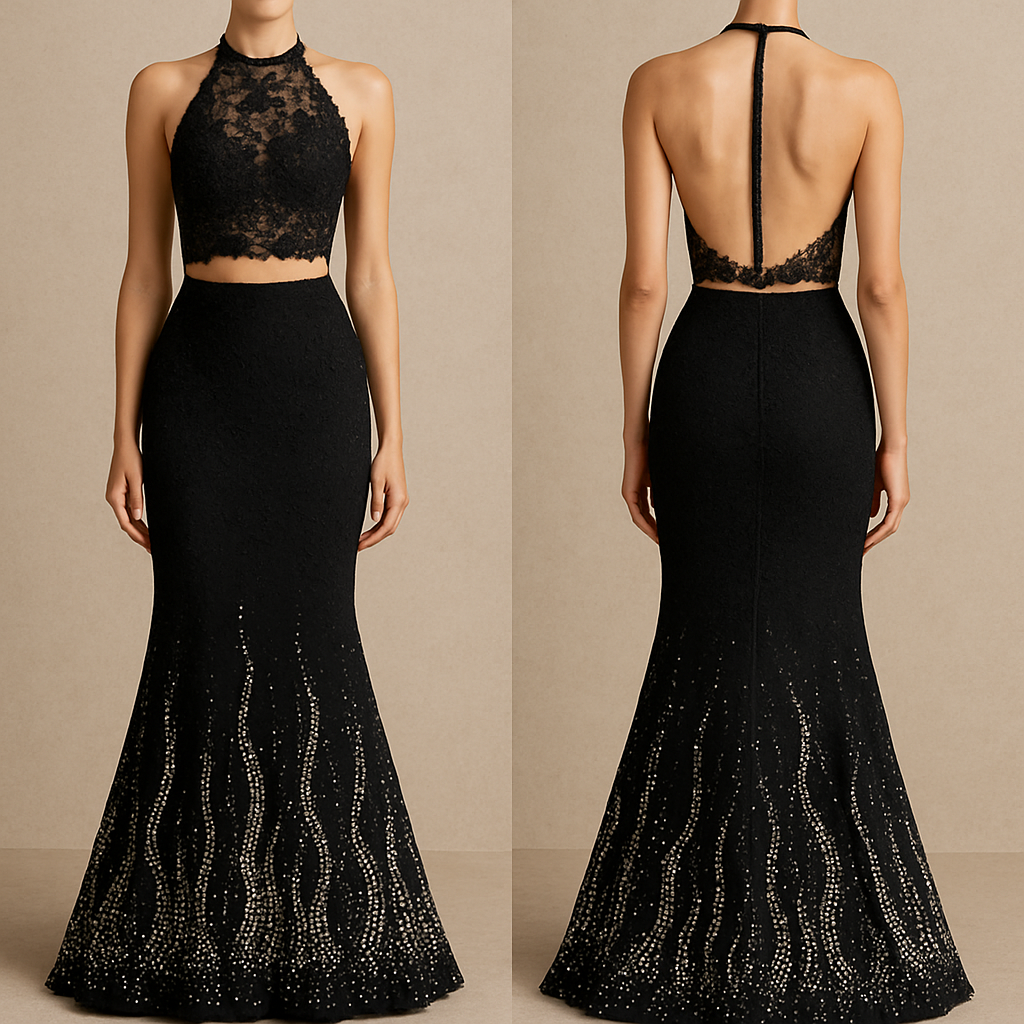 A halter top, backless and sleeveless, a mermaid skirt, rhinestones coming up from the bottom like flames. Lace
A halter top, backless and sleeveless, a mermaid skirt, rhinestones coming up from the bottom like flames. Lace, show front and back