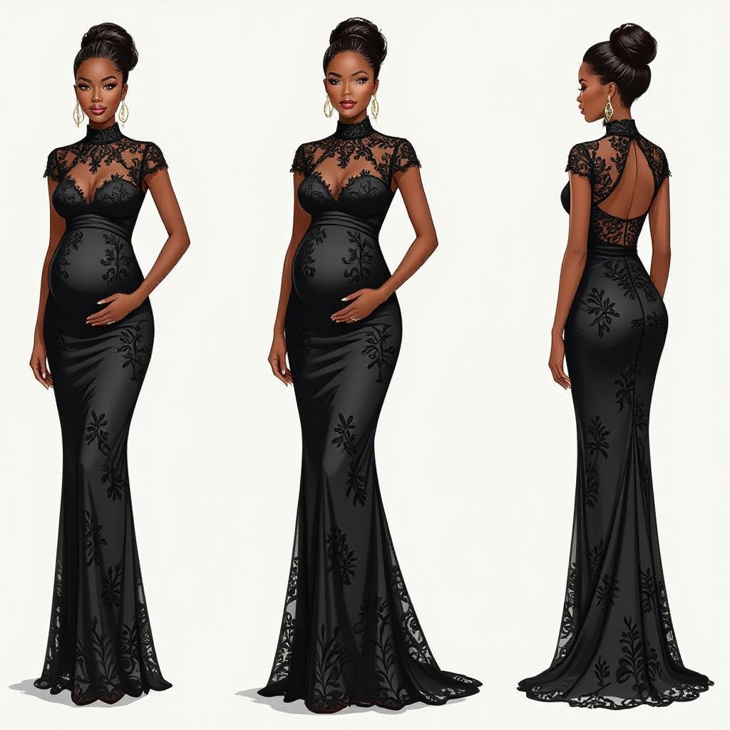 A full pencil sketch from head to toe of pure pencil sketch of an African black woman of a pregnant woman in a beaded high neck lace maternity dress full head to toe pencil sketch
Lace fashion: A full pencil sketch from head to toe of an African black pregnant woman in a beaded, high neck, lace maternity dress. The lace is delicate and intricate, adding elegance to the silhouette.