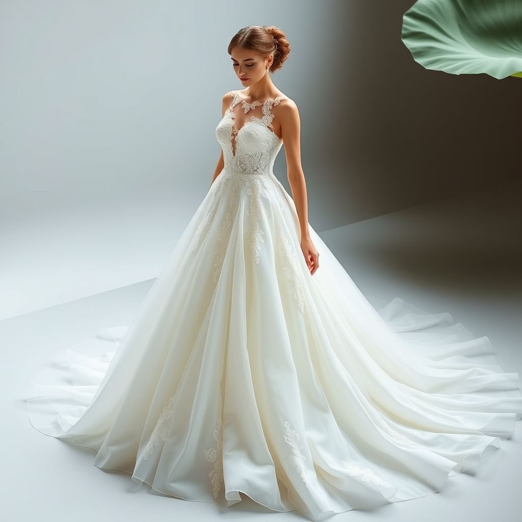 I want to a wedding dress that is inspired by a white Lotus, but also gives Princess vibes
Imagine an ethereal wedding gown that seamlessly fuses elegance with nature’s beauty. The silhouette flows like a lotus petal, with soft layers of delicate white silk cascading down. Intricate floral lace adorns the bodice, adding regal charm. A detachable organza train mimics a lotus bloom opening, evoking a fairytale princess aura.