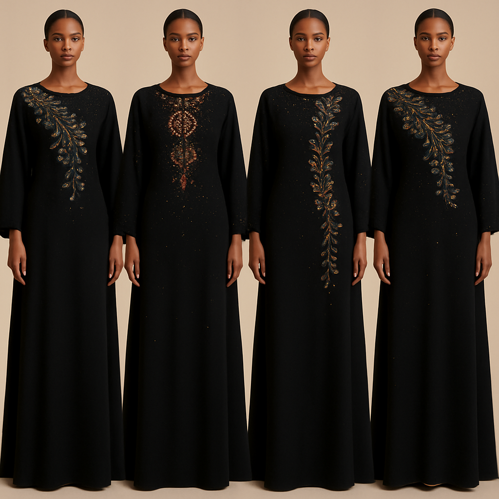 Create me modest boubou that's first in the world, using unique stone design, classy and sophisticated. Keep me 4 designs. Make them rich by adding minimal stone embroidery and stones designs.
Create me modest boubou that's first in the world, using unique stone design, classy and sophisticated. Keep me 4 designs. Make them rich by adding minimal stone embroidery and stones designs.