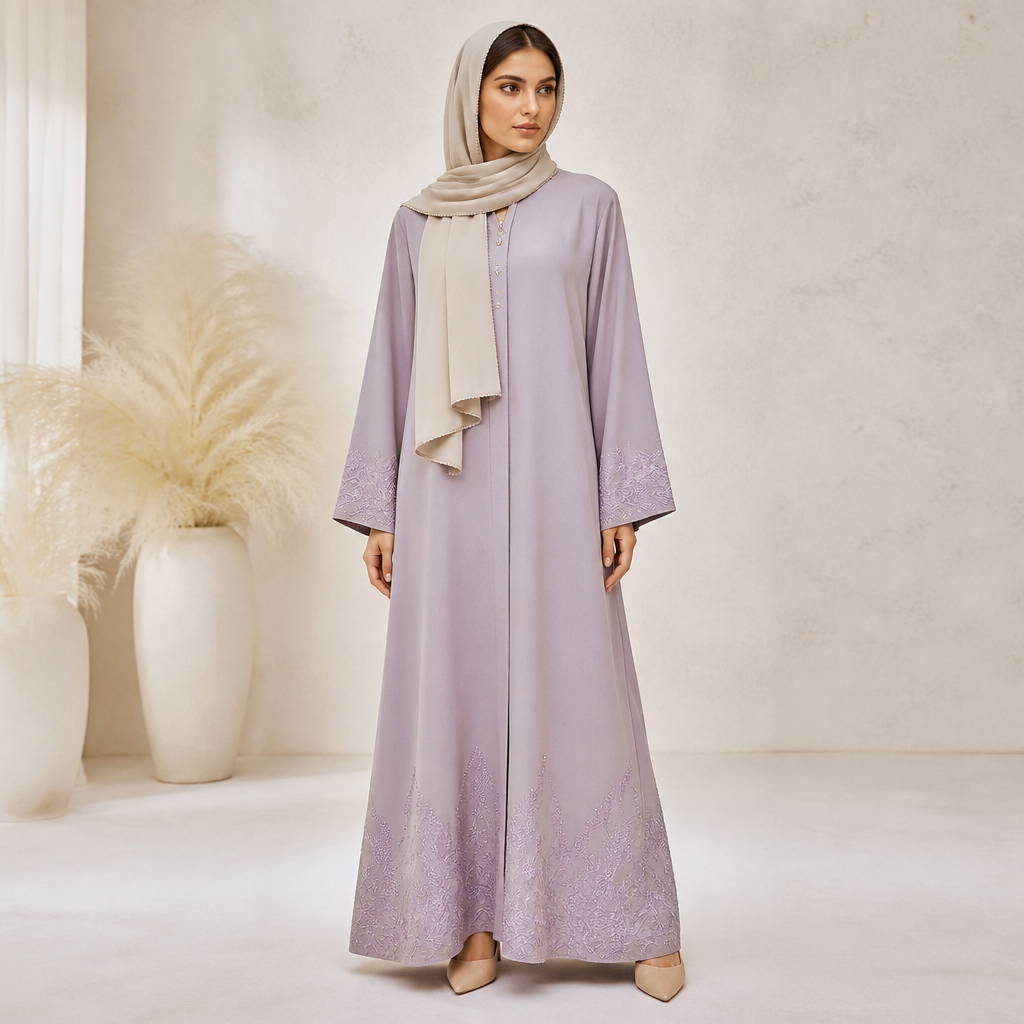 A Female Abaya design, made of Cotton, with a sturdy, casual hand, with modest, full coverage: longer hemlines, higher necklines and covered shoulders, in a Pastels color palette, for Work, suitable for Fall, shown on a model with light skin and a slim figure. Pakistan fashion aesthetics. Present it as professional fashion catalogue photography: the garment is the subject, shown full-length with editorial styling, neutral posing and tasteful, non-suggestive framing.
photorealistic fashion design, A Female Abaya design, made of Cotton, with a sturdy, casual hand, with modest, full coverage: longer hemlines, higher necklines and covered shoulders, in a Pastels color palette, for Work, suitable for Fall, shown on a model with light skin and a slim figure. Pakistan fashion aesthetics. Present it as professional fashion catalogue photography: the garment is the subject, shown full-length with editorial styling, neutral posing and tasteful, non-suggestive framing., just the design no text