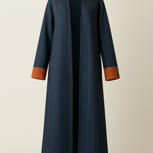 Abaya long that is open like coat and in one side there one long line and with long sleeves
That the base color is dark blue similar to the jeans fabric but not exactly that has thin lines in orange brown color and inside the sleeve orange brown color with buttons
