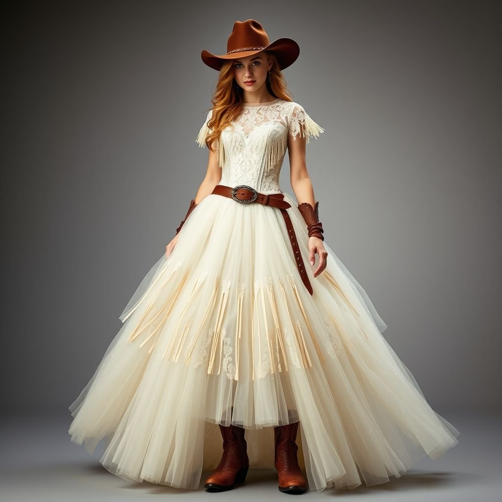 Cinderella dress
Create a modern Cinderella-inspired gown that merges traditional fairy tale charm with Western fashion. The dress features a fitted bodice adorned with delicate lace and fringed details, cascading into a flowing tulle skirt. Accentuate with cowboy boots, a wide-brimmed hat, and a vintage leather belt for a unique Western twist.