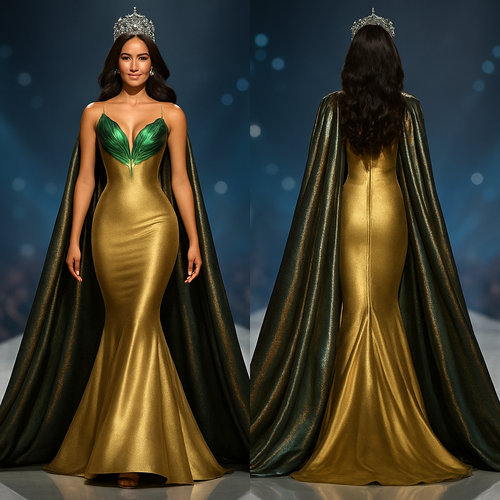 “Create a full body photo of a beauty queen wearing a tight mermaid gown that stays fitted all the way down to the knees and hips, then slightly flares at the bottom. The main fabric is matte gold, and the bust has light, bright shiny green details shaped like elegant pointed leaves. The gold must dominate, but the green should shine vividly under the lights. Add a long golden cape with black, gray and emerald reflections, with glossy metallic gray effects. Show both front and back views, with the model on an international stage runway, perfect lighting and pageant-style glamour.”